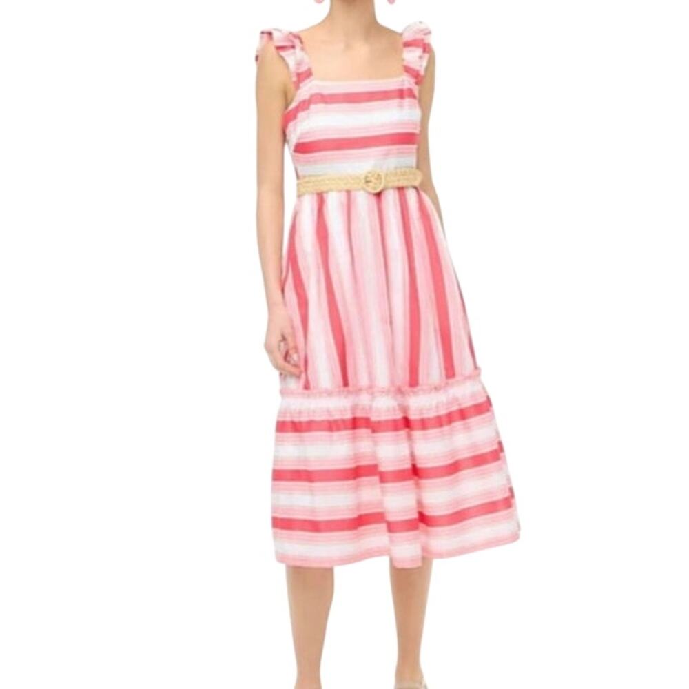 J. Crew Factory Striped Ruffle Strap Square Neck Midi Dress Summer Prep Coastal